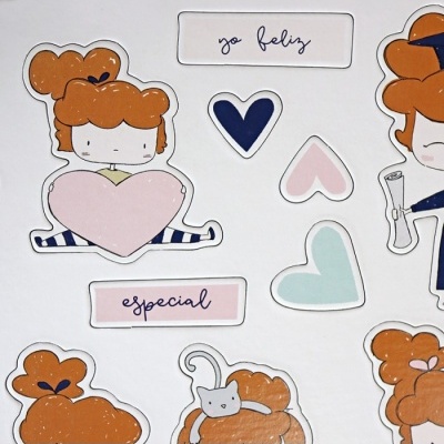 Autocolantes de meninas com corações e textos em português