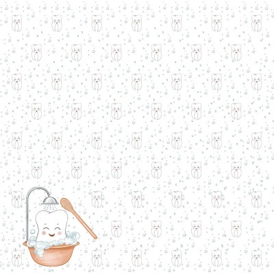 Papel de parede com padrão de dentes sorridentes e um dente cartoon a tomar banho numa banheira