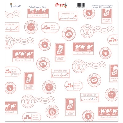 Padrão com carimbos rosa claro e textos variados sobre fundo branco