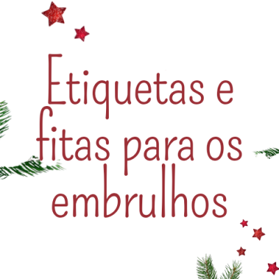 Texto 'Etiquetas e fitas para os embrulhos' com decoração de Natal em fundo branco