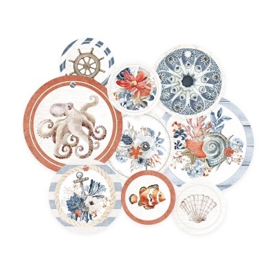 Placas decorativas redondas com temas do mar e padrões azuis e laranja