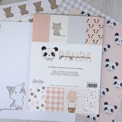 Bloco de papel impresso decorativo com desenho de pandas, gatos e padrões pastel para artesanato