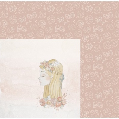 Papel decorativo rosa com ilustração de rapariga loira e flores