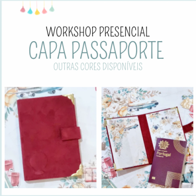 Workshop capa passaporte vermelho com cantos dourados e padrão floral interior