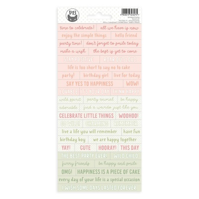 Folha de autocolantes com frases em várias cores e embalagem com etiqueta superior