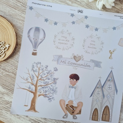 ilustrações para comunhão com menino, árvore, igreja e texto em papel