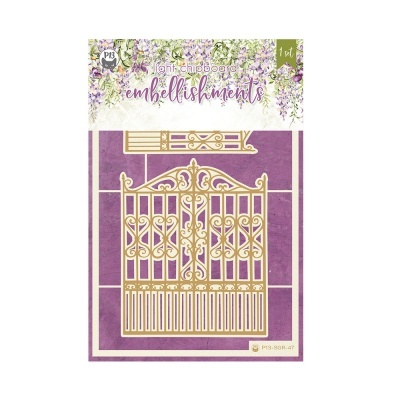 Imagem de embalagem com recorte decorativo dourado em forma de portão ornamental sobre fundo roxo e detalhes florais.