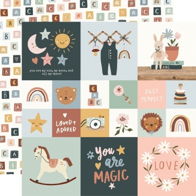 Painel infantil colorido com desenhos e textos em inglês