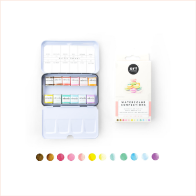 Conjunto de aquarelas art Watercolor Confections com 10 pastilhas de tinta colorida e amostra de tons