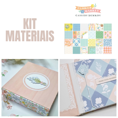 Kit de materiais scrapbooking com estojo e papéis decorativos coloridos.