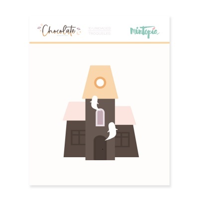 Desenho de casa assombrada com fantasmas e texto Chocolate Minitopes