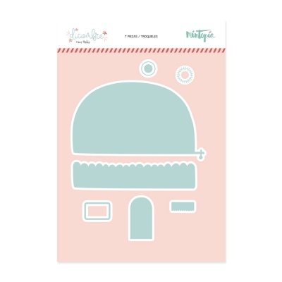 Conjunto de 7 peças recortadas para scrapbook em azul claro e branco em fundo rosa