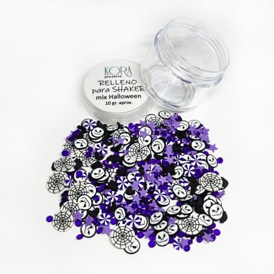 Pote transparente com confetes temáticos de Halloween em preto, branco e roxo