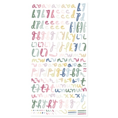 Folha de autocolantes de letras minúsculas coloridas em vários estilos