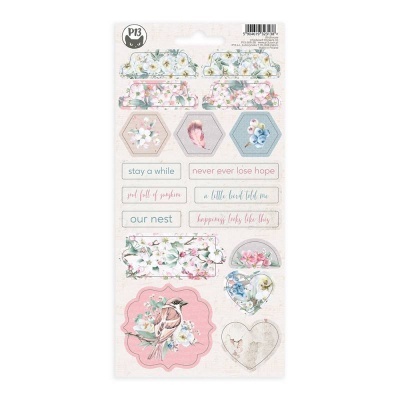 Folha de autocolantes decorativos com flores, pássaros e frases inspiradoras em tons pastel