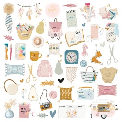 Ilustração colorida de vários objetos de uso pessoal e decoração em estilo aquarela