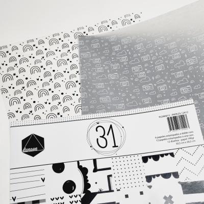 Papel de embrulho preto e branco com vários padrões e etiqueta 31