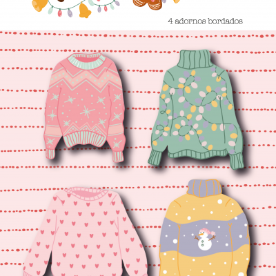 Quatro suéteres bordados com padrões em fundo rosa com linhas vermelhas e texto GingerBell 4 adornos bordados