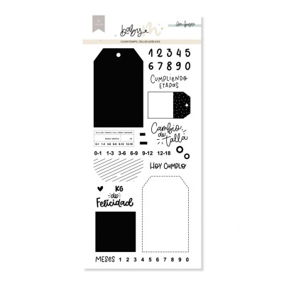 Conjunto de adesivos para bebés com números e frases em espanhol em preto e branco.