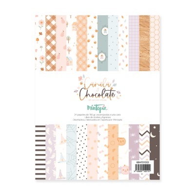 Pacote de papéis decorativos com padrões florais, geométricos e listrados em cores pastéis.