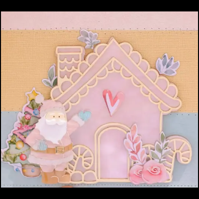 Cartão ou decoração com Papai Noel, casinha rosa e flores em fundo colorido