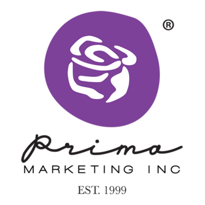 Logotipo roxo com desenho branco estilizado de rosa e texto preto PRIMA MARKETING INC EST. 1999