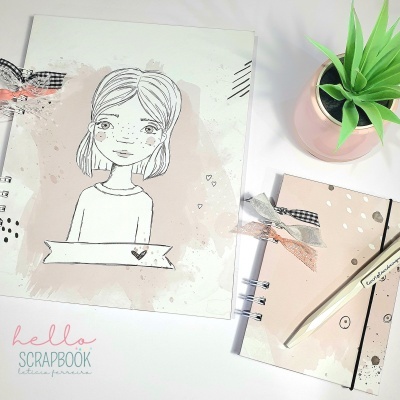 Scrapbook ilustrado, caderno espiralado com fita e planta em vaso rosa