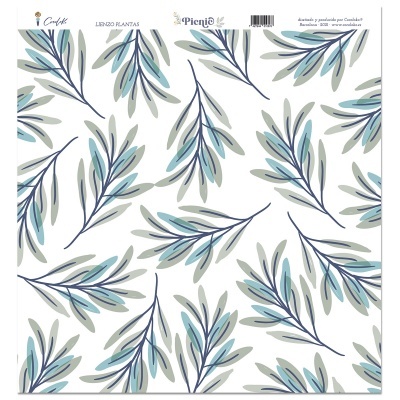 Papel decorativo com padrão de folhas azuis e verdes sobre fundo branco