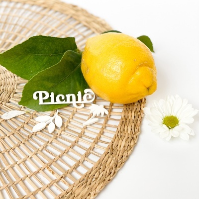 Limão amarelo com folhas verdes sobre tapete de palha, flor branca e texto Picnic