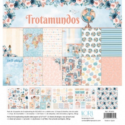 Papel de scrapbooking tema viagem com mapas, globos e padrões florais em azul e coral