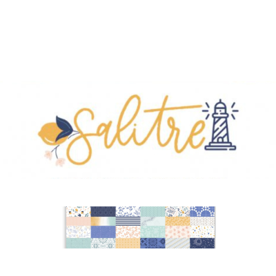 Logotipo 'salitre' com farol e faixa colorida com padrões geométricos.