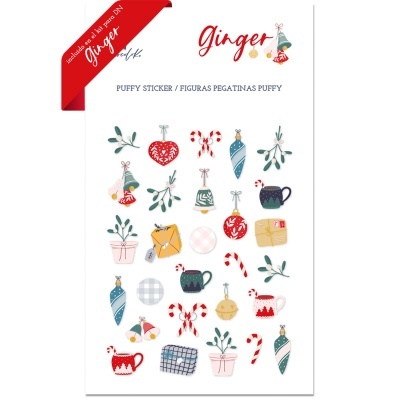 Folha de autocolantes natalícios puffies com desenhos coloridos e texto Ginger.