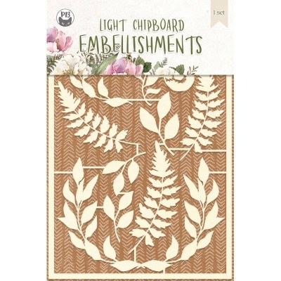 Embelishments de chipboard claro em formas de folhas com embalagem decorada