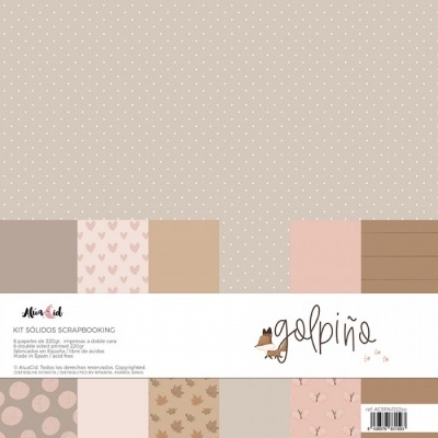Kit de papéis para scrapbooking com padrões diversos em tons pastel e castanhos