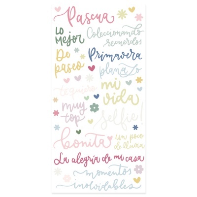 Palavras e frases coloridas em estilo manuscrito com desenhos de corações e flores pastel.
