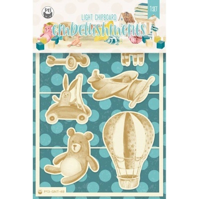 Conjunto de embelishments chipboard com formas de brinquedos vintage em madeira clara