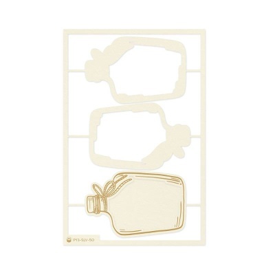 Folha com recortes de etiquetas em forma de frascos em papel creme com detalhes dourados