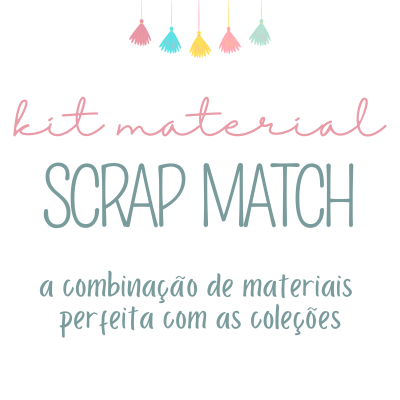 Texto promocional 'kit material SCRAP MATCH' com franjas coloridas no topo