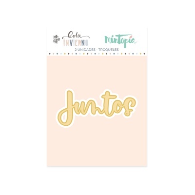 Produto de troquel com a palavra 'Juntos' em amarelo sobre fundo rosa