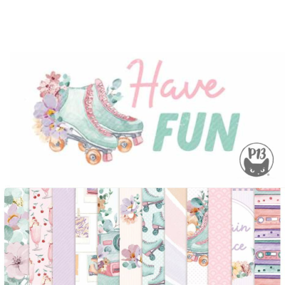 Patim retro verde com flores, texto Have FUN e padrões decorativos em cores pastel