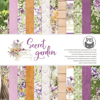 Papel decorativo 'Secret Garden' com padrões florais em várias cores e embalado com etiqueta da marca P13.