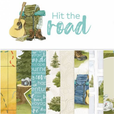 Ilustração de mochila, botas, guitarra e mapas com texto 