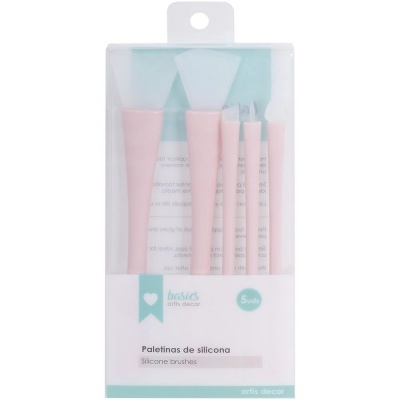 Conjunto de cinco paletinas de silicone cor-de-rosa na embalagem transparente