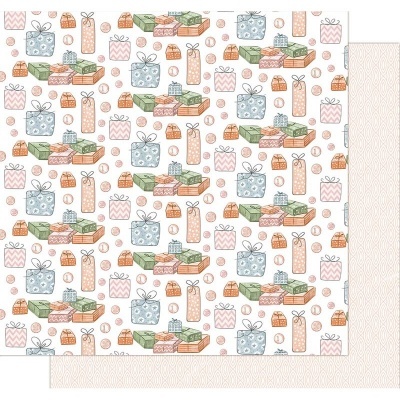 Papel de embrulho decorado com padrão de presentes coloridos em tons pastel.