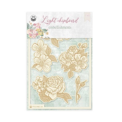 Embalagem de embellishments flores em chipboard bege