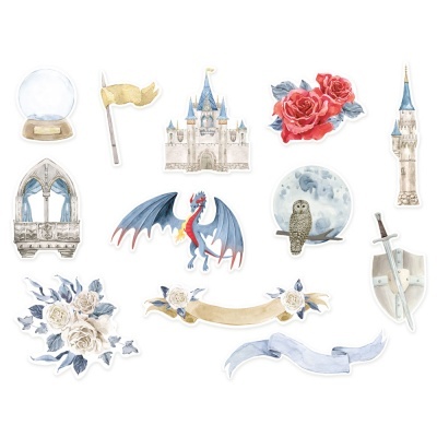 Ilustrações aquareladas de castelos, dragão, coruja, flores, espada e bandeiras em tema medieval e fantástico