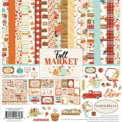 Papelaria decorativa temática de outono com padrões coloridos e texto Fall MARKET