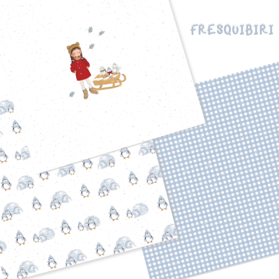 Papéis decorativos infantis com criança, pinguins e padrão xadrez azul