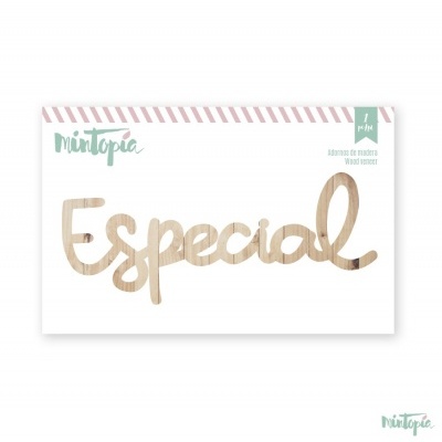 Adorno de madeira com a palavra Especial em letras cursivas