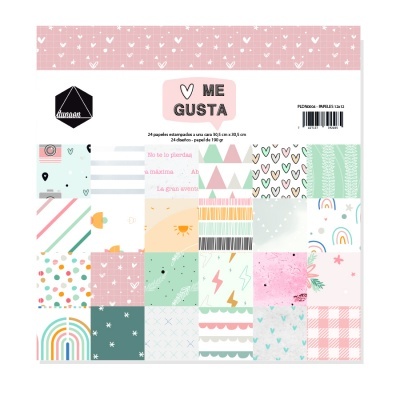 Papéis decorativos quadrados com padrões variados em rosa, verde e azul